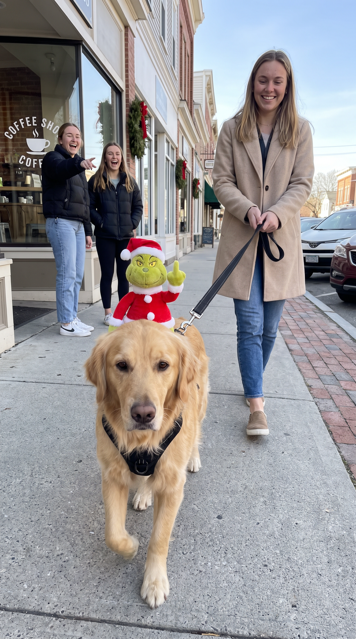 Owner walking a labrador in the NaughtyPaws grumpy buddy harness along a park path