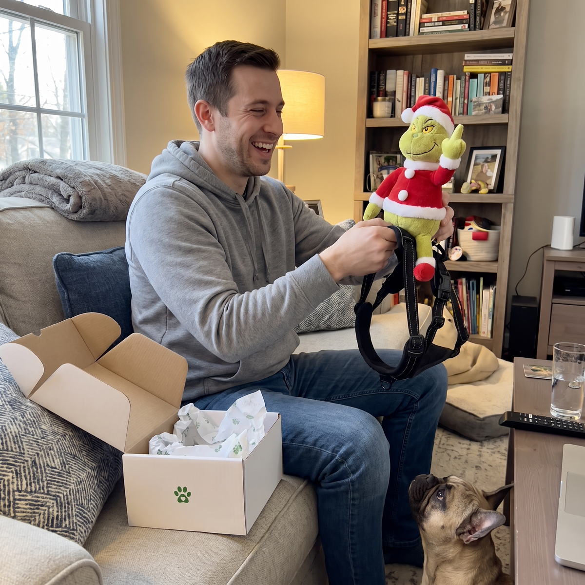Man on a sofa laughing at the grumpy plush rider on the NaughtyPaws harness