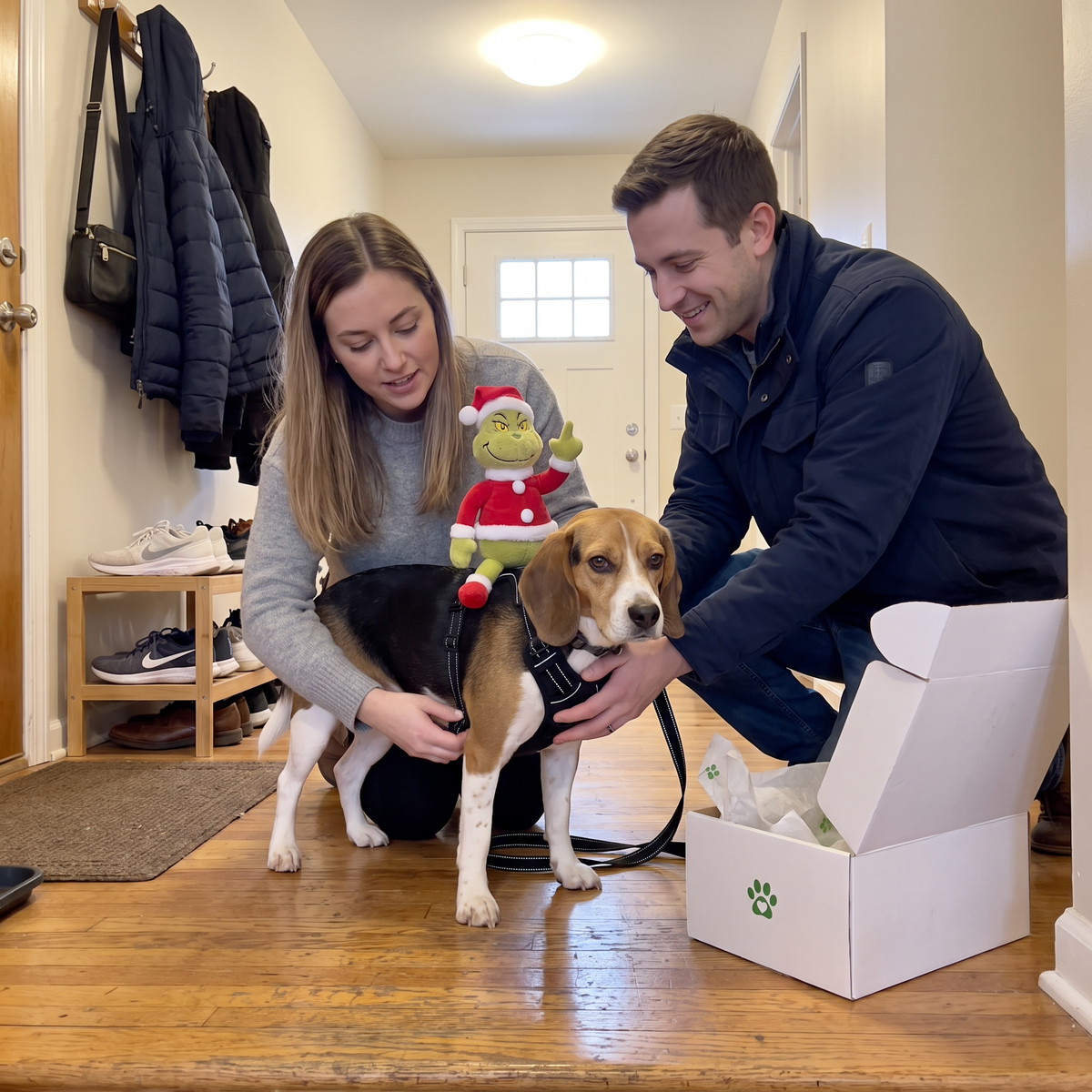 Couple putting the NaughtyPaws harness on their beagle in the hallway