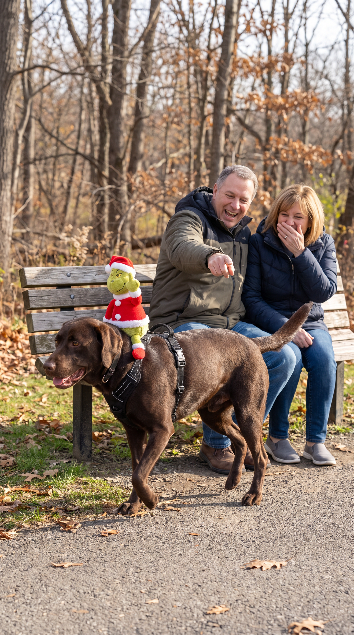 Labrador trotting past a bench in the NaughtyPaws harness with the plush rider on its back