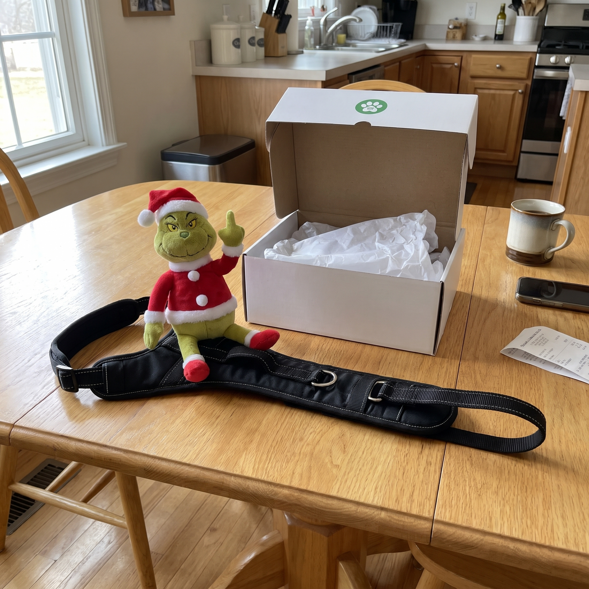 NaughtyPaws grumpy buddy dog harness laid next to its open gift box on a kitchen table