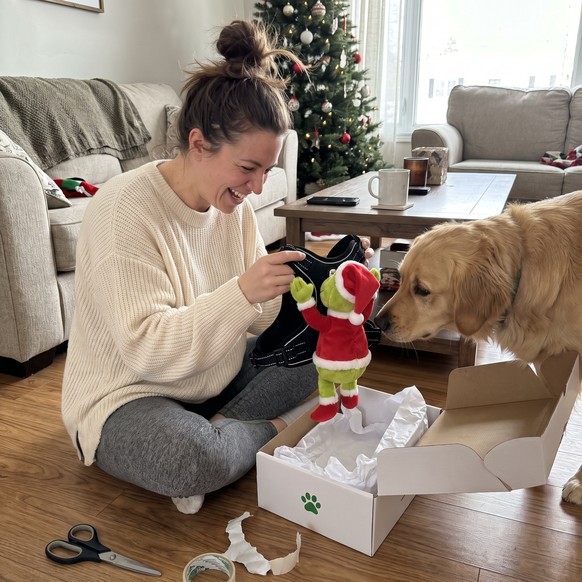 Woman unboxing the NaughtyPaws harness on the living room floor with her golden retriever