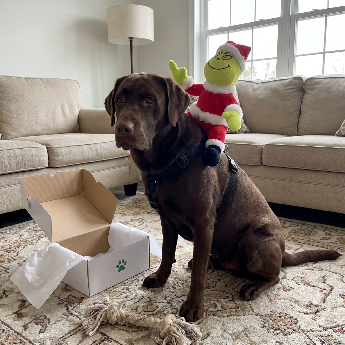 Labrador wearing the NaughtyPaws harness with the plush rider on its back, next to the open box