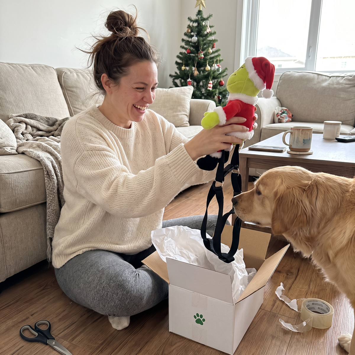 Woman unboxing the NaughtyPaws harness with her golden retriever