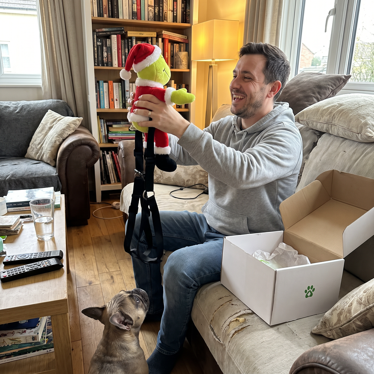 Man on a sofa laughing at the NaughtyPaws plush rider harness