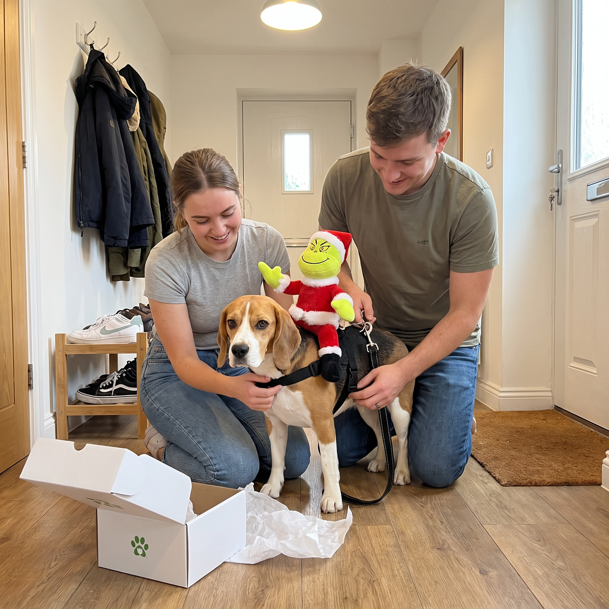 Couple putting the NaughtyPaws harness on their beagle